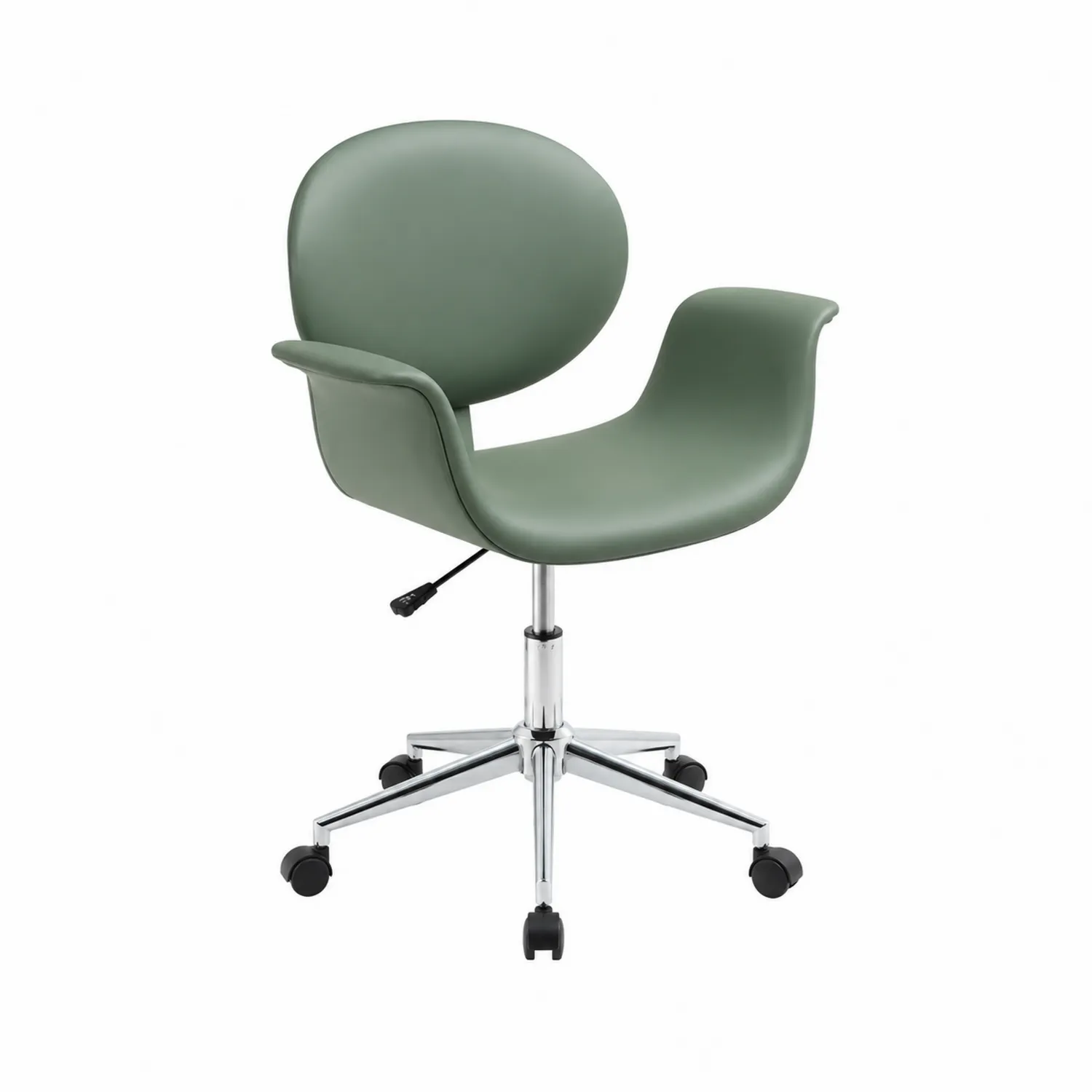 Silla de oficina giratoria de piel sintética verde con base de metal cromado
