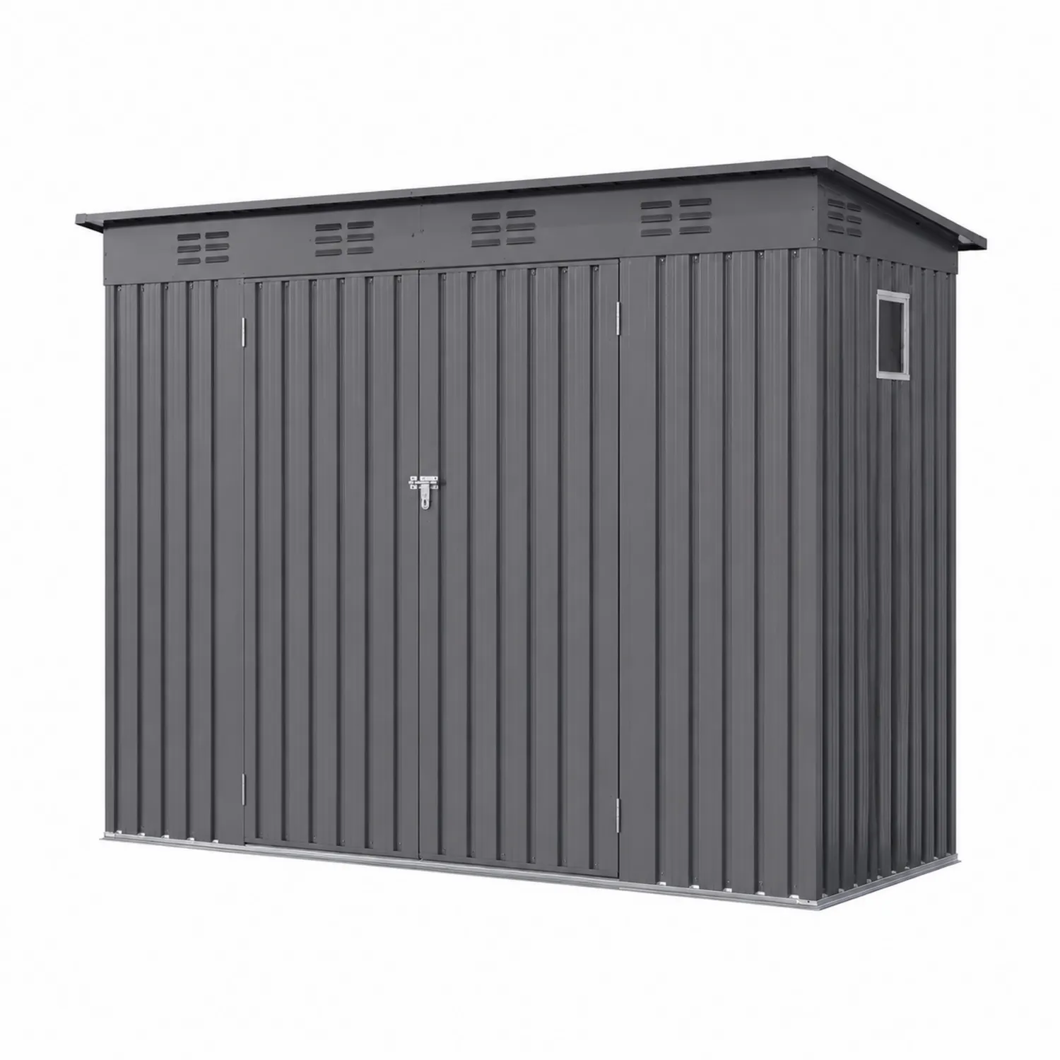 Cobertizo de metal gris oscuro con techo inclinado y puerta doble 213x130x185 cm