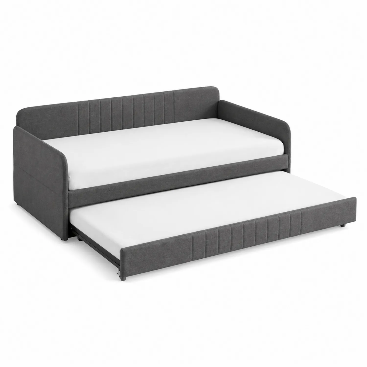 Sofá cama nido de tela gris con colchones de espuma y estructura de madera