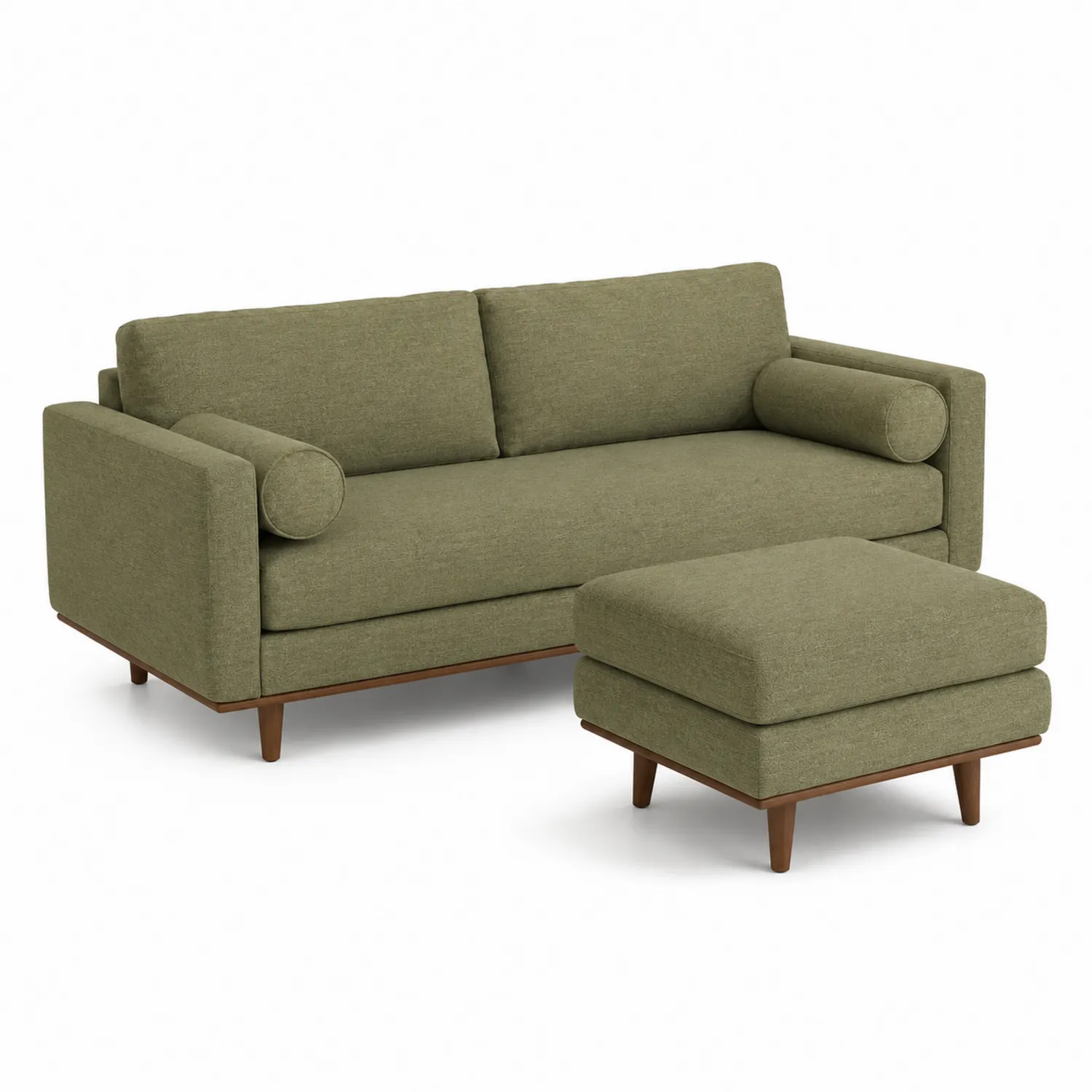 Sofá modular de tela con otomana y patas de madera