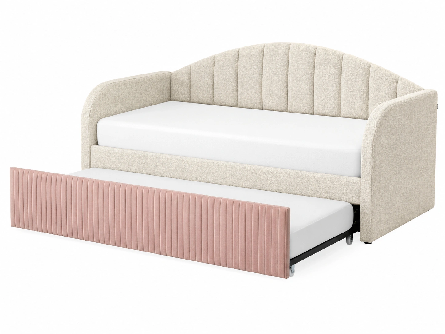 Sofa cama nido moderno beige y rosa con respaldo curvo acanalado-loftmelo