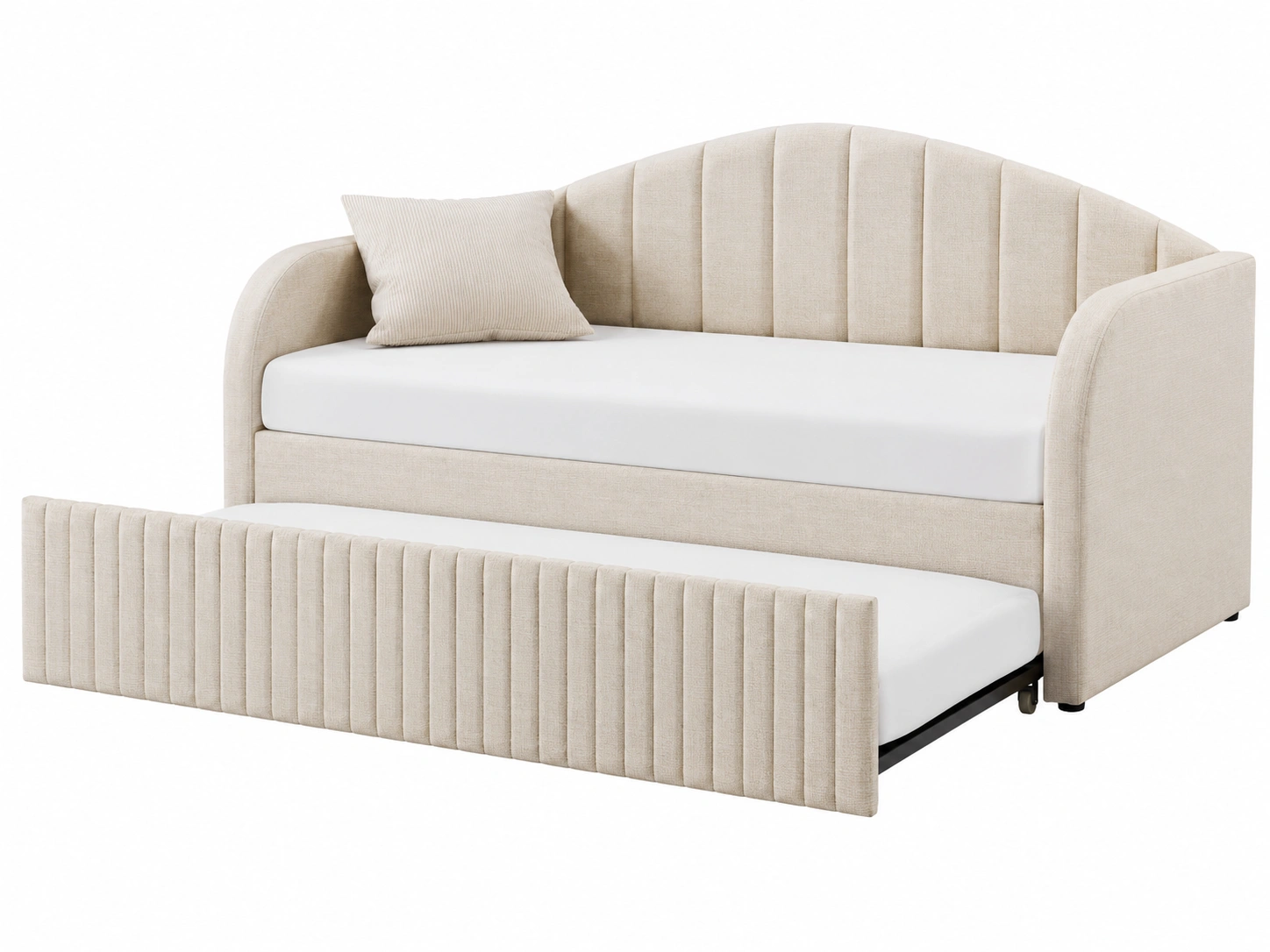 Sofa cama tapizado moderno beige con cama extraible y respaldo curvo acolchado-loftmelo