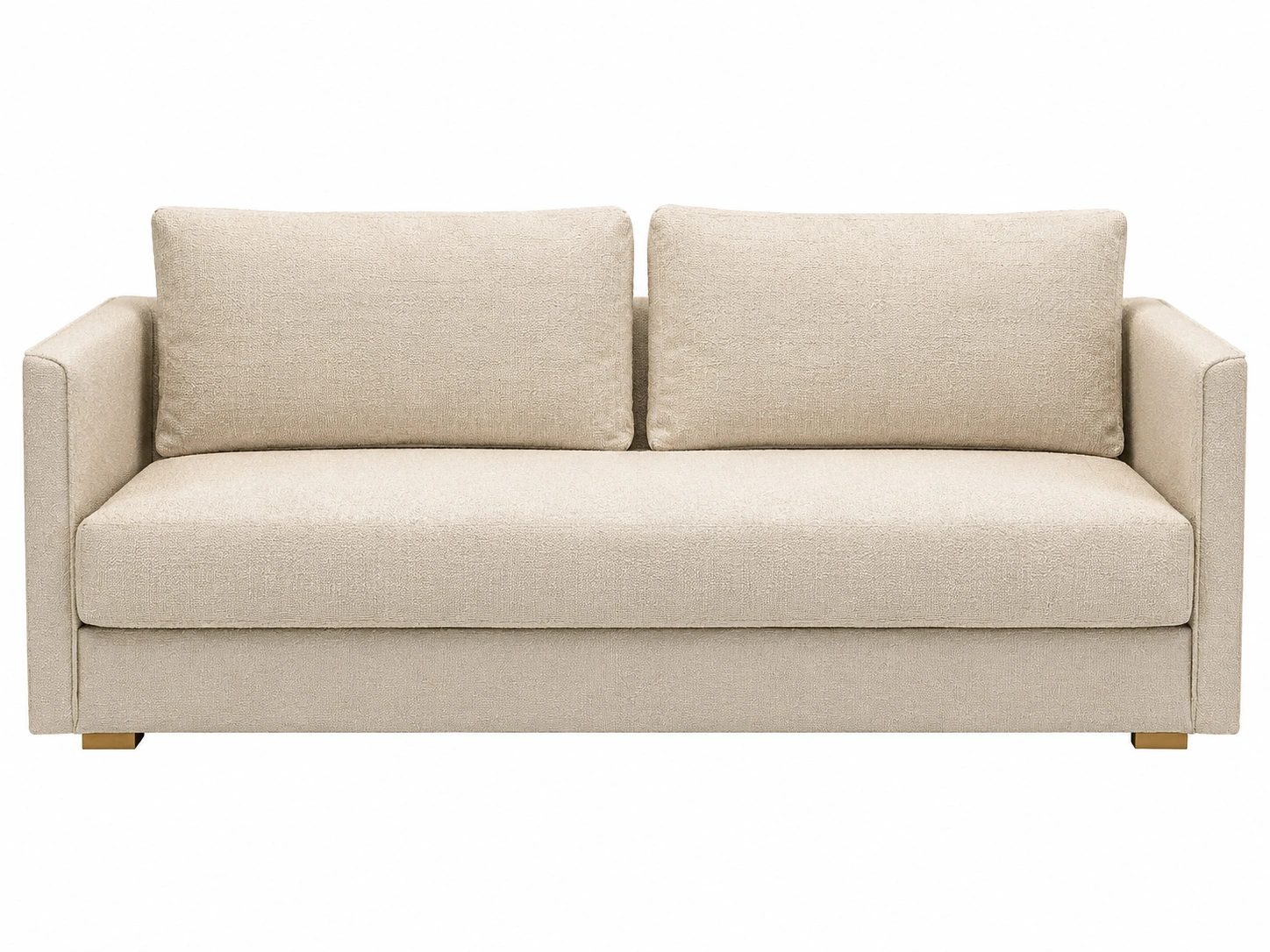 Sofa cama moderno tapizado en boucle color crema con brazos rectos y patas doradas para salon y dormitorio-loftmelo