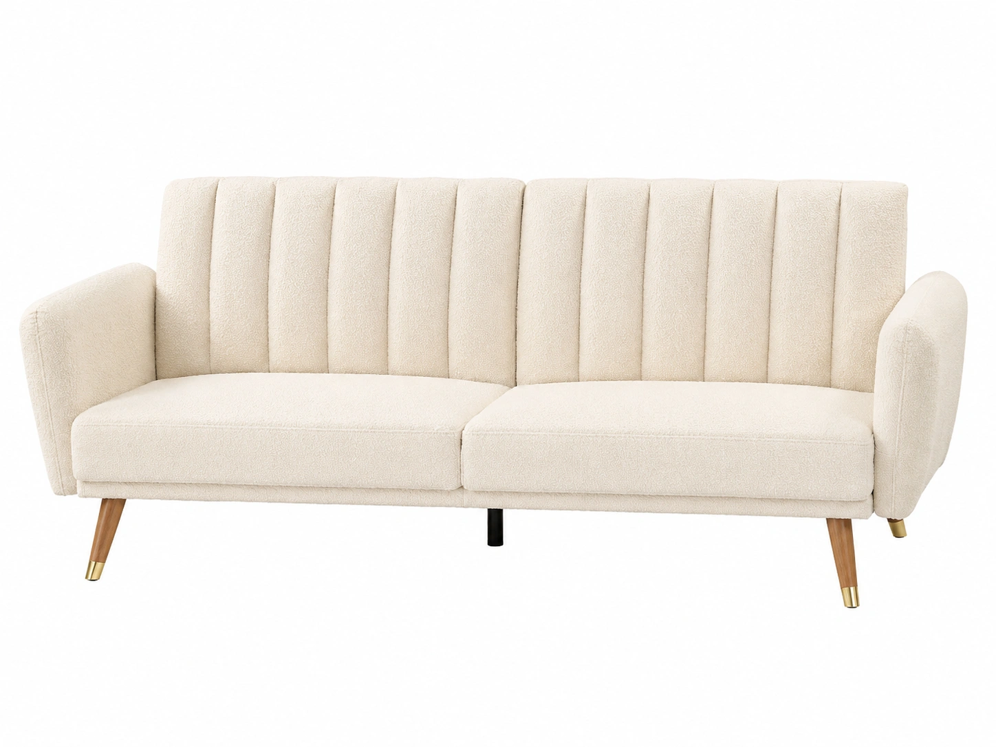 Sofa convertible vintage moderno tapizado en boucle color marfil con respaldo acanalado y patas inclinadas de madera-loftmelo