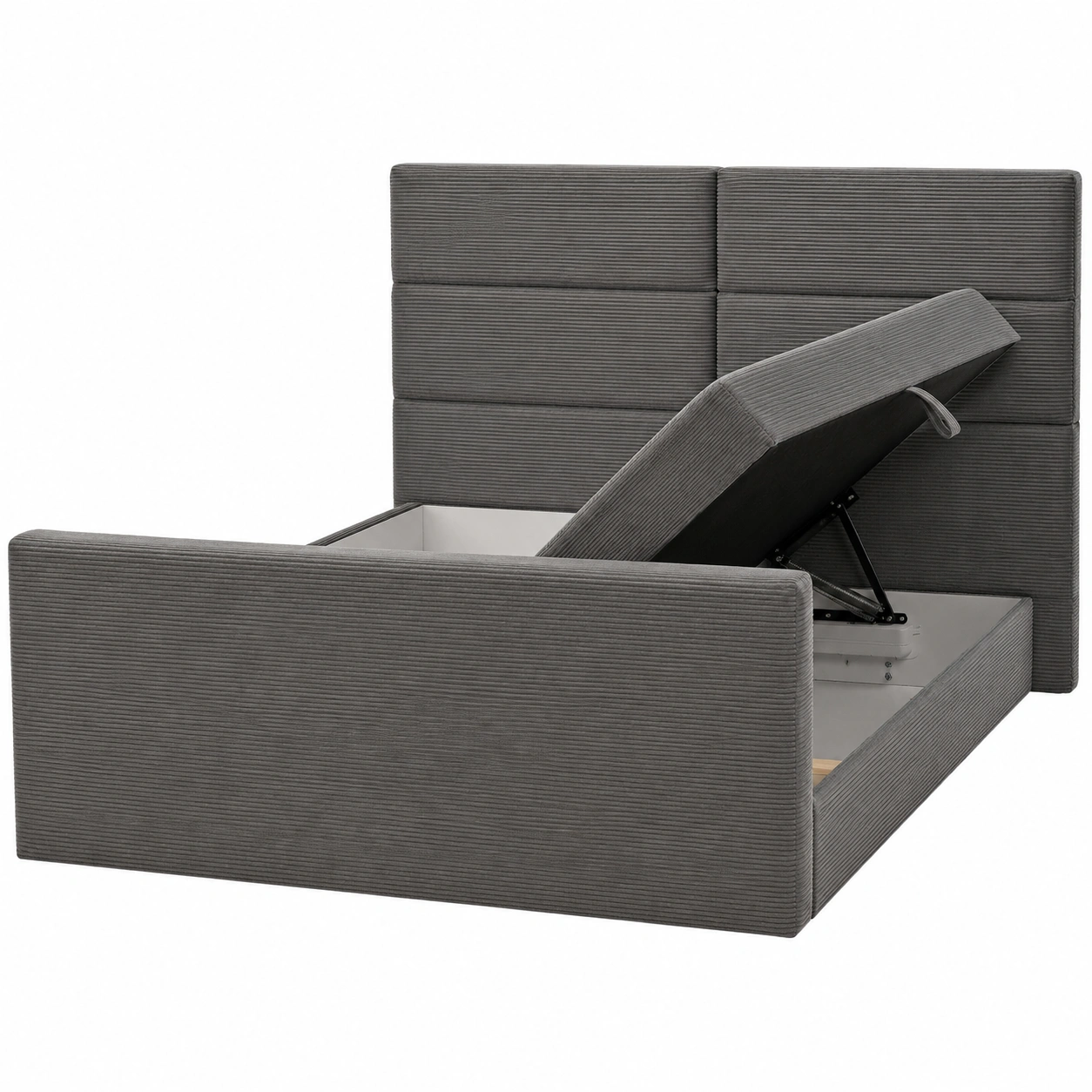 Cama tapizada gris con canape abatible, cabecero acolchado y textura acanalada-loftmelo