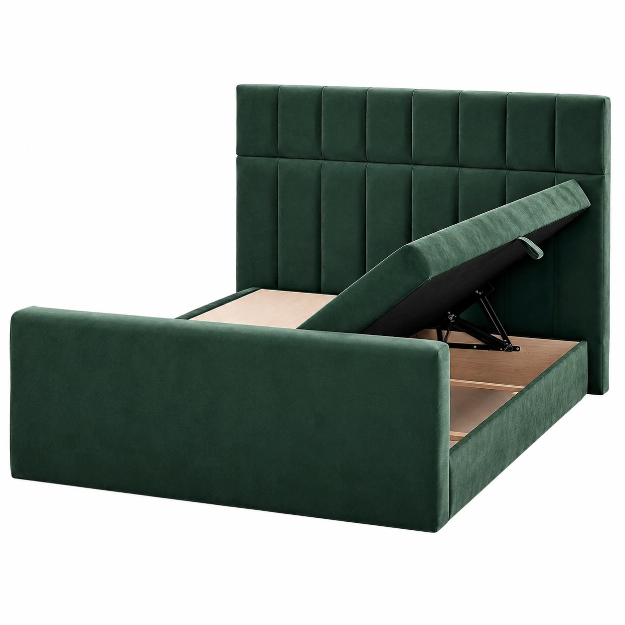 Cama tapizada verde oscuro con canape abatible, cabecero acolchado y acabado de terciopelo-loftmelo