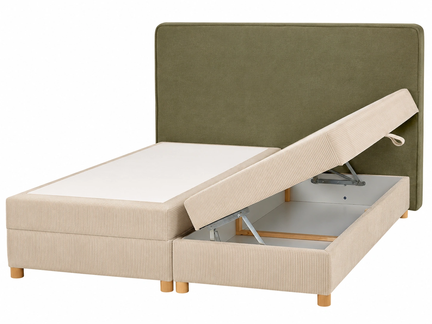 Cama tapizada beige con canape abatible, cabecero verde oliva y patas de madera-loftmelo