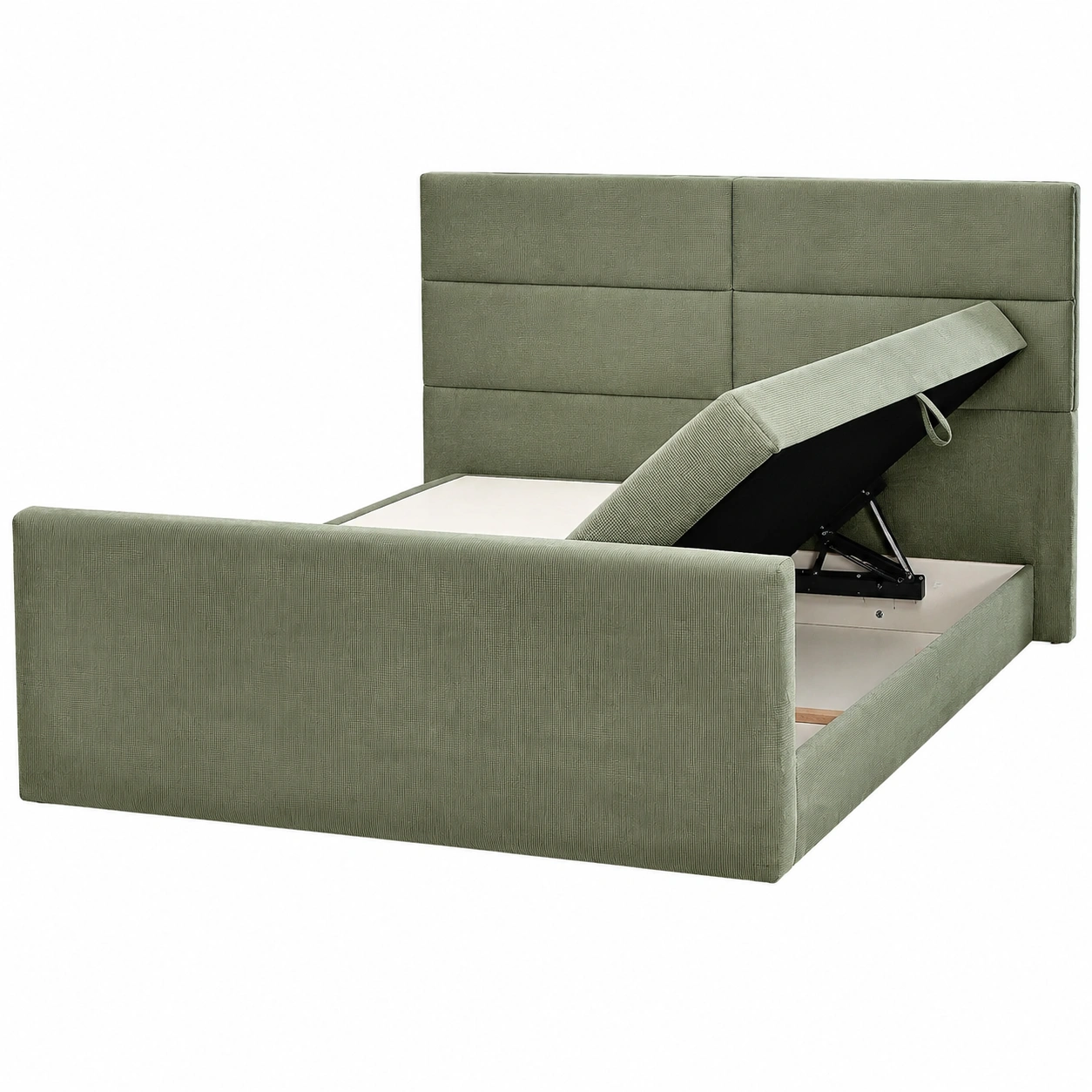 Cama tapizada verde salvia con canape abatible, cabecero acolchado y textura fina-loftmelo