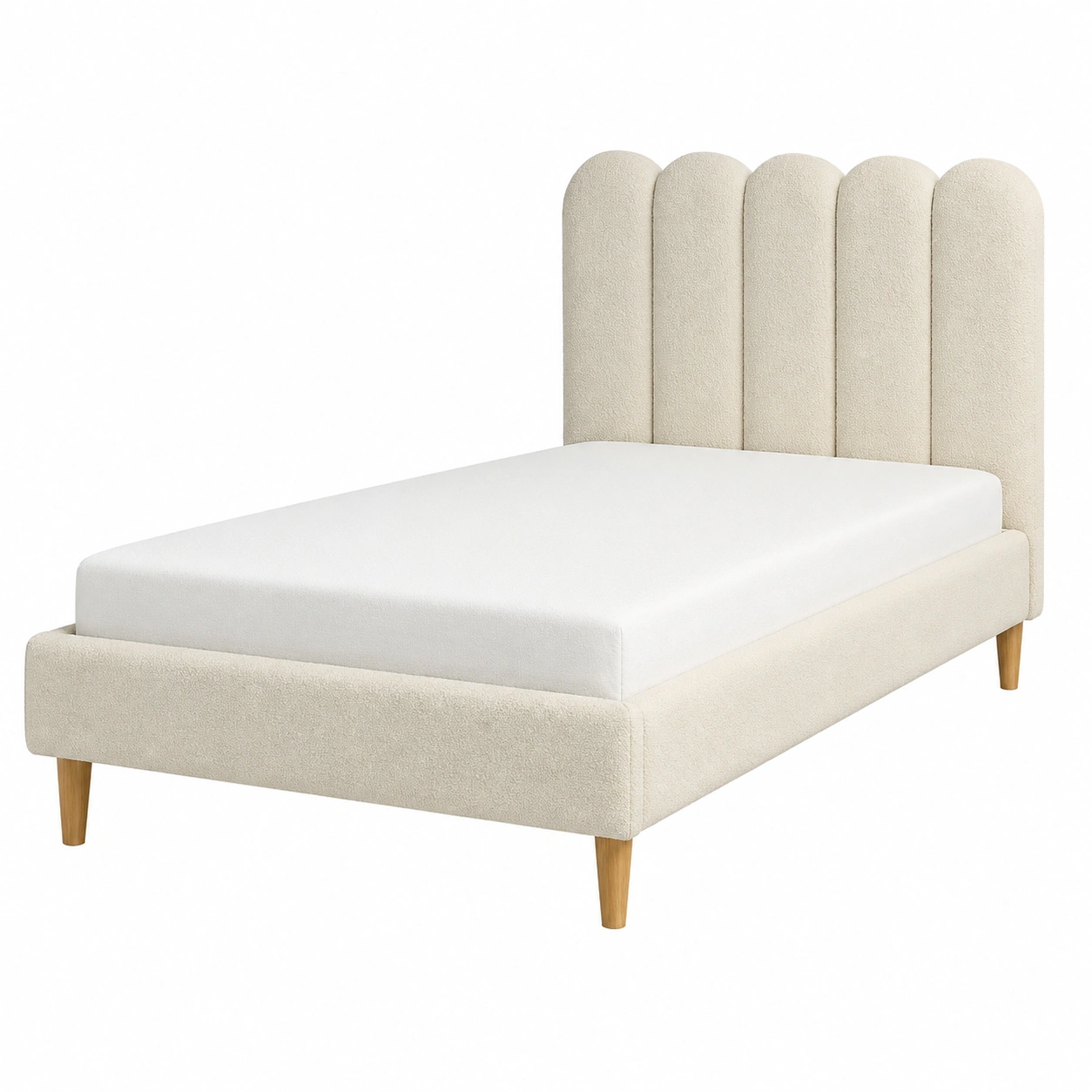 Cama tapizada en borreguito beige claro con cabecero curvo y patas de madera-loftmelo