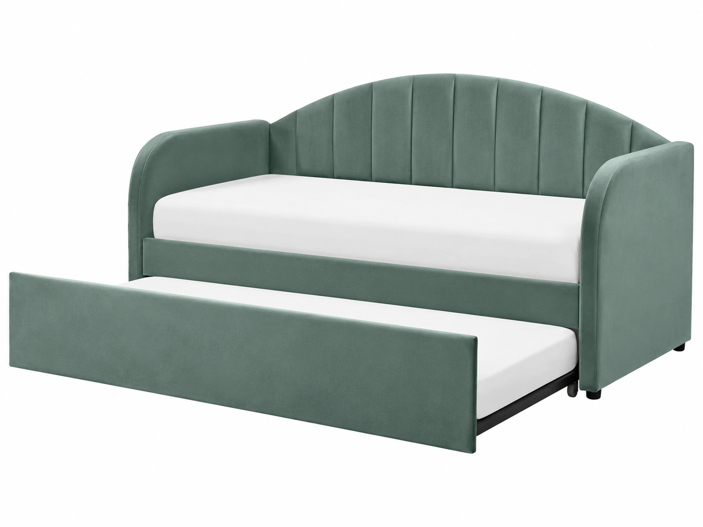 Sofa cama individual tapizado de terciopelo verde salvia con cama inferior extraible y respaldo curvo para dormitorio juvenil-loftmelo