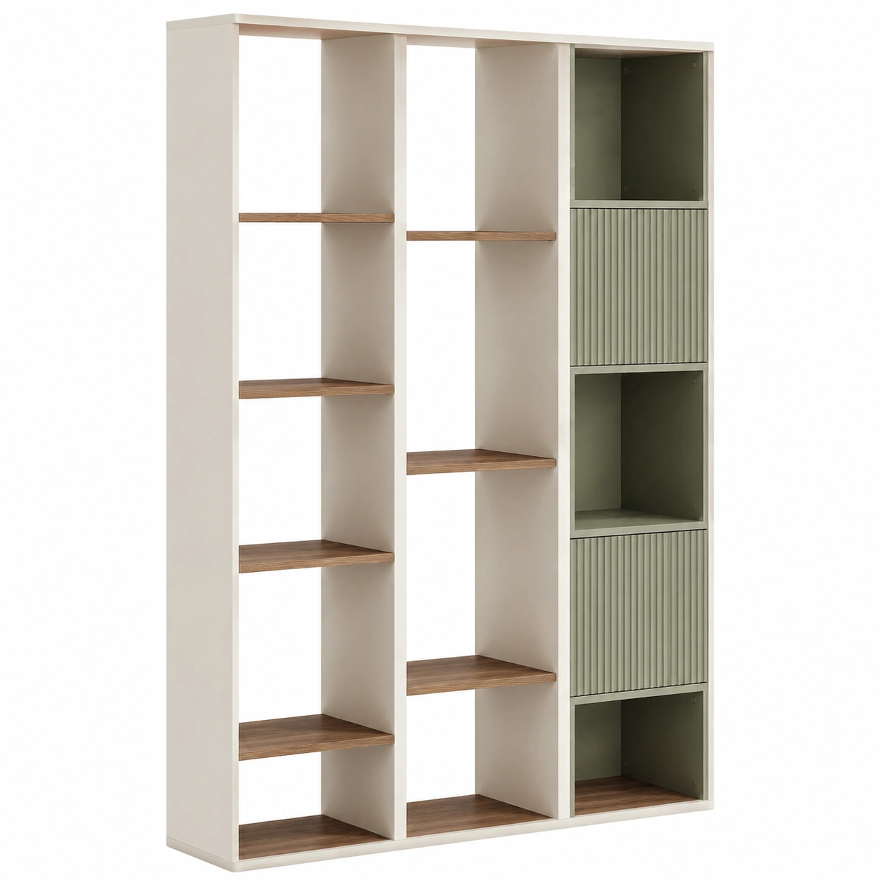 Estanteria alta modular blanca y verde oliva con compartimentos abiertos y puertas texturizadas para salon y oficina moderna-loftmelo
