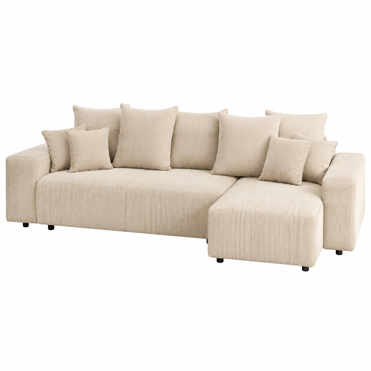 Sofa modular contemporaneo de pana beige con chaise longue y cojines decorativos para salon moderno familiar-loftmelo