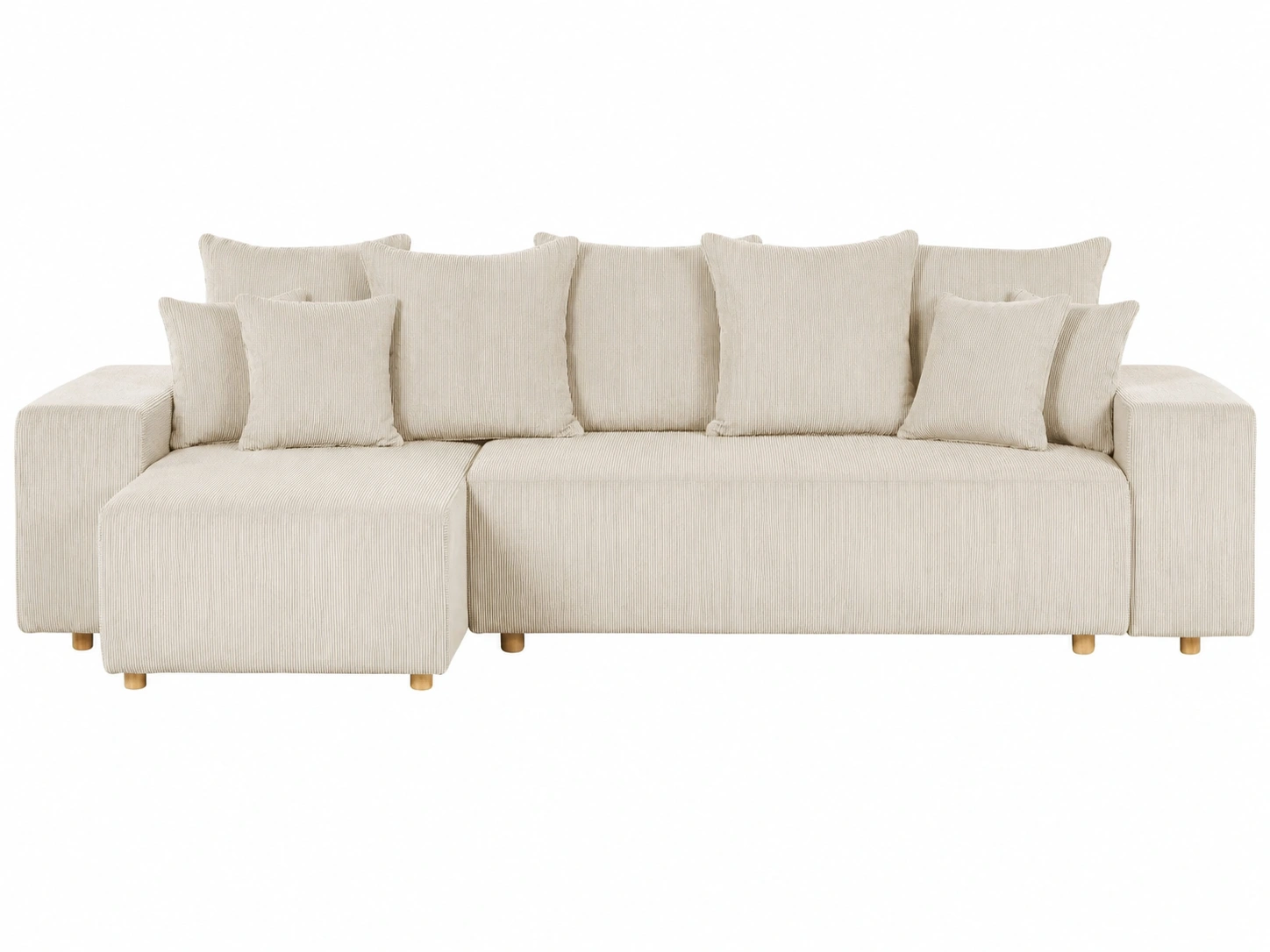 Sofa modular minimalista de pana beige con chaise longue reversible y cojines acolchados para salon contemporaneo-loftmelo