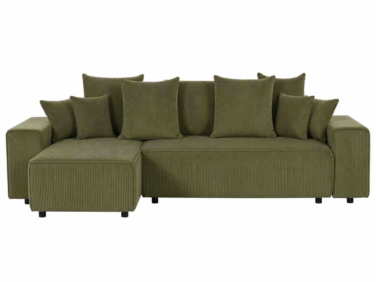 Sofa chaise longue modular de pana gruesa con cojines grandes para salon moderno verde oliva-loftmelo