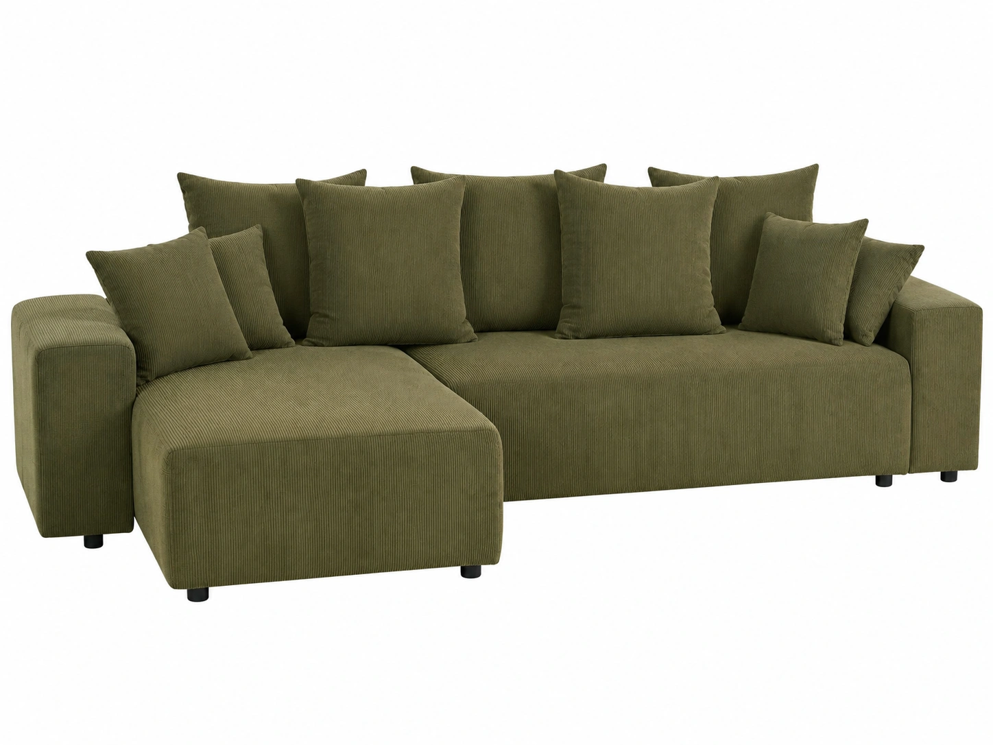 Sofa modular de pana verde oliva con chaise longue y cojines extra para salon moderno-loftmelo