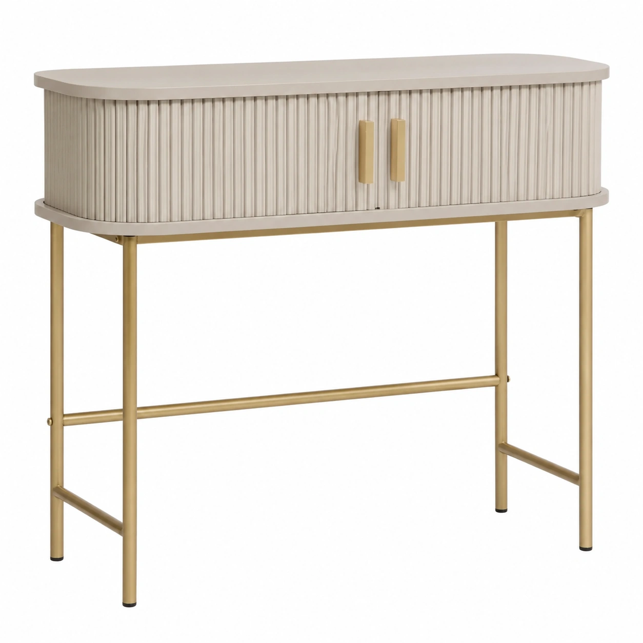 Consola estrecha beige con puertas acanaladas y patas metalicas doradas para entrada moderna-loftmelo