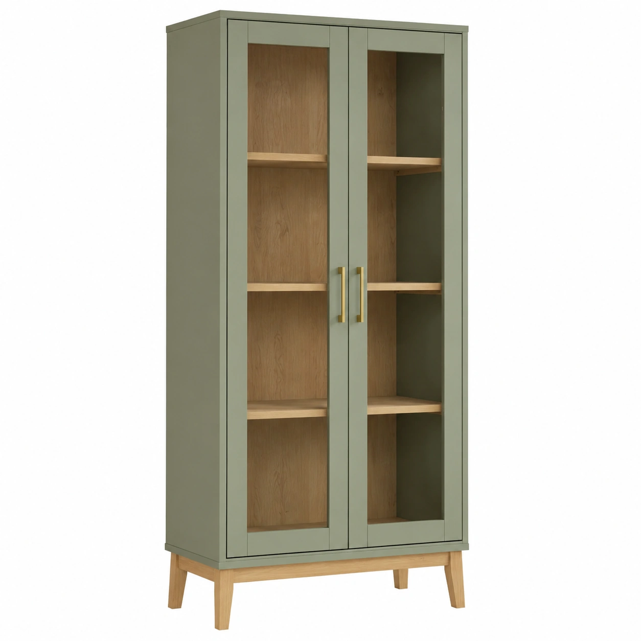 Armario vitrina nordico verde salvia con puertas de cristal y patas inclinadas para salon dormitorio despacho-loftmelo