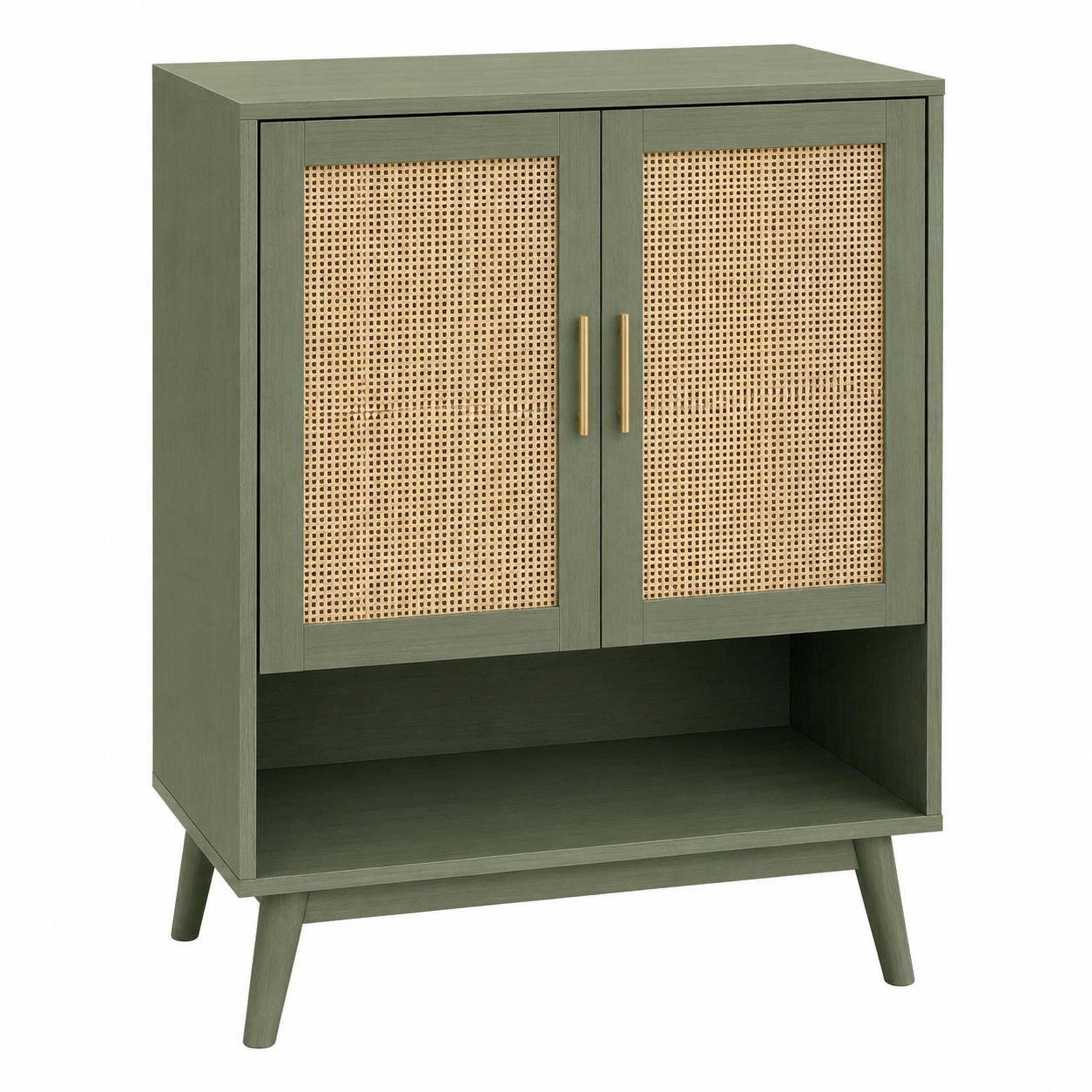 Armario auxiliar verde oliva con puertas de rejilla natural y estante inferior abierto para salon nordico-loftmelo