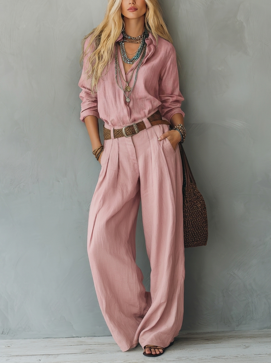 Premium Zweiteiler: Relaxte Bluse & Plissierte Weite Hose