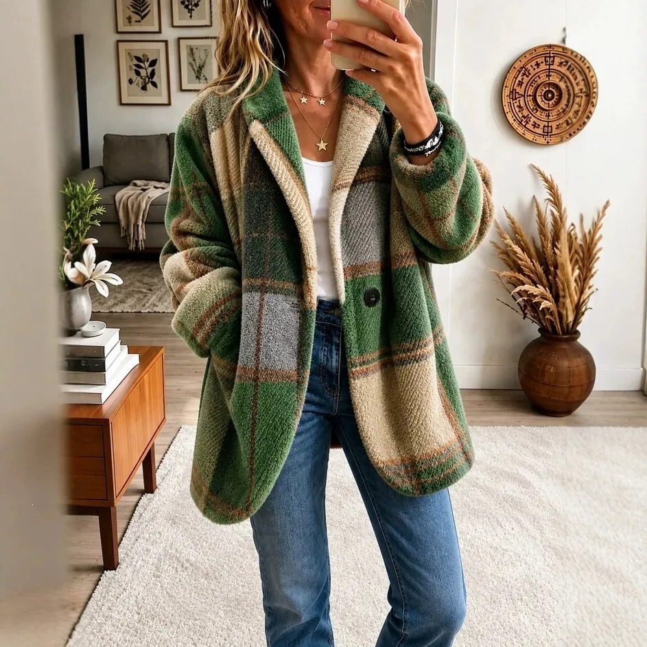 Damen Karierte Strickjacke – Warmer Oversize Cardigan für Herbst & Winter
