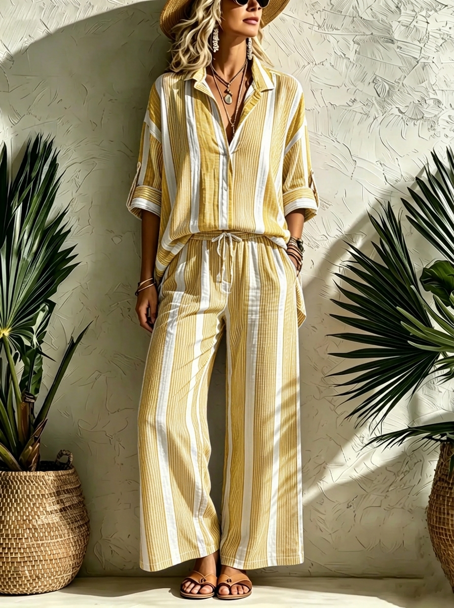 Women’s Breezy Textured Button-Down & Wide-Leg Pant Set
