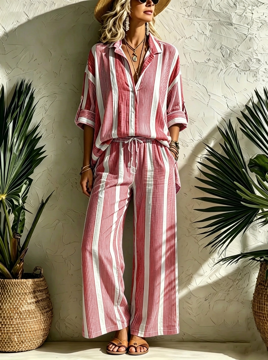Women’s Breezy Textured Button-Down & Wide-Leg Pant Set