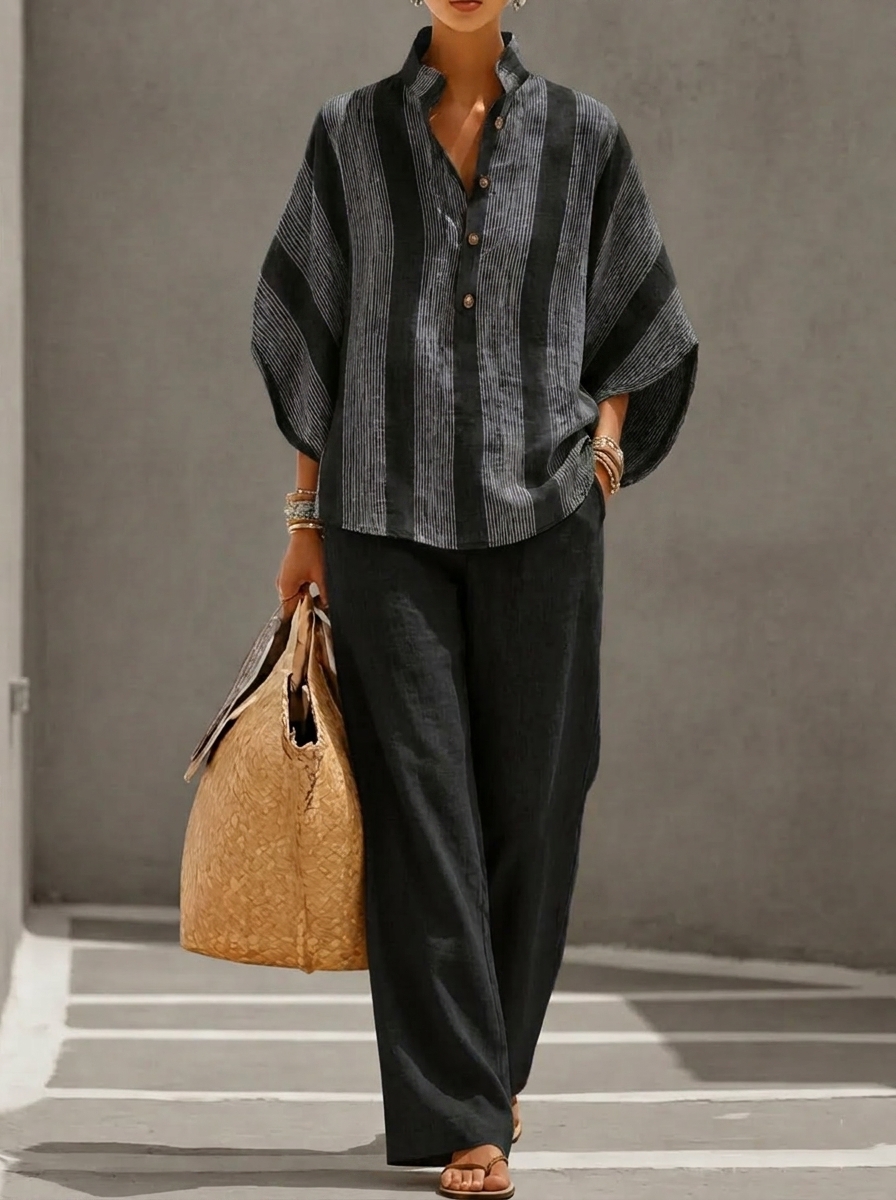 Casual Striped Linen-cotton Top And Solid-color Trousers Two-piece Set