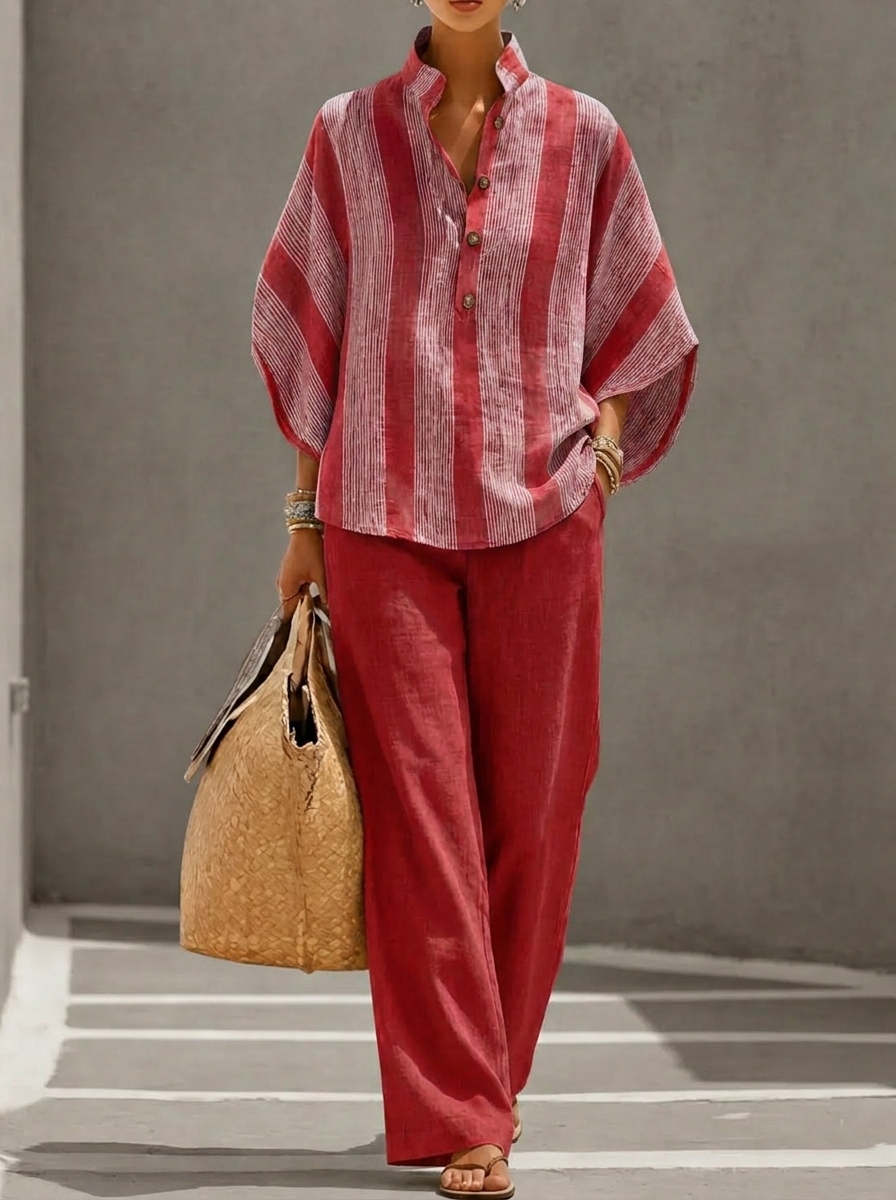 Casual Striped Linen-cotton Top And Solid-color Trousers Two-piece Set