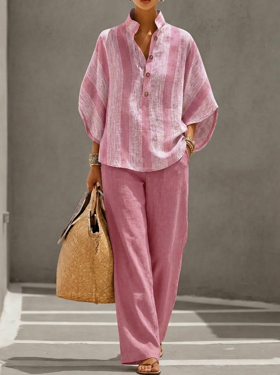 Casual Striped Linen-cotton Top And Solid-color Trousers Two-piece Set