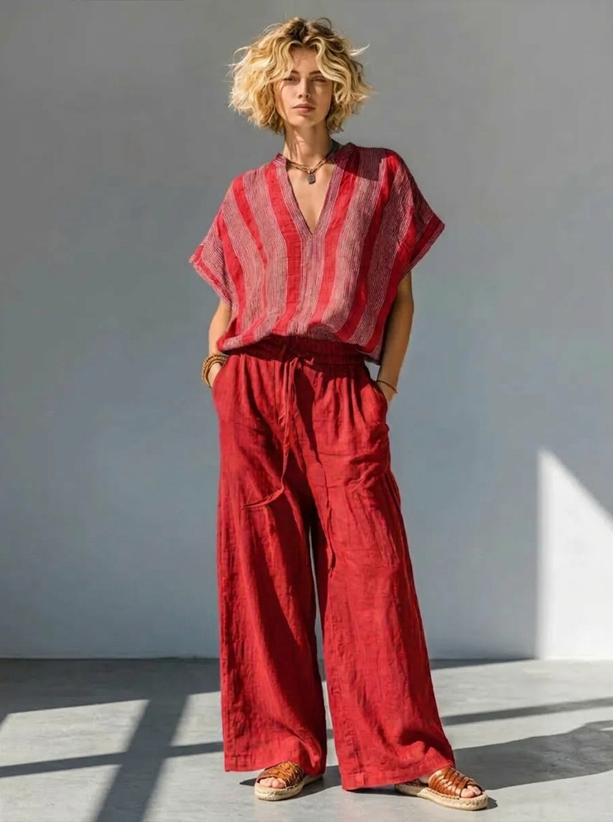 Casual Striped Linen And Cotton Two-piece Top And Pants Set