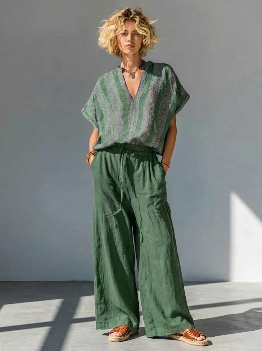Casual Striped Linen And Cotton Two-piece Top And Pants Set