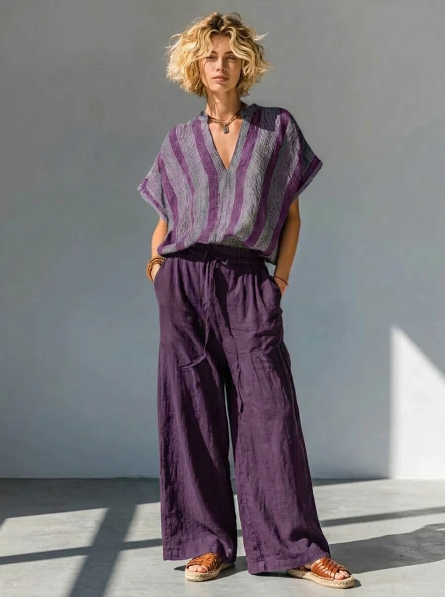 Casual Striped Linen And Cotton Two-piece Top And Pants Set