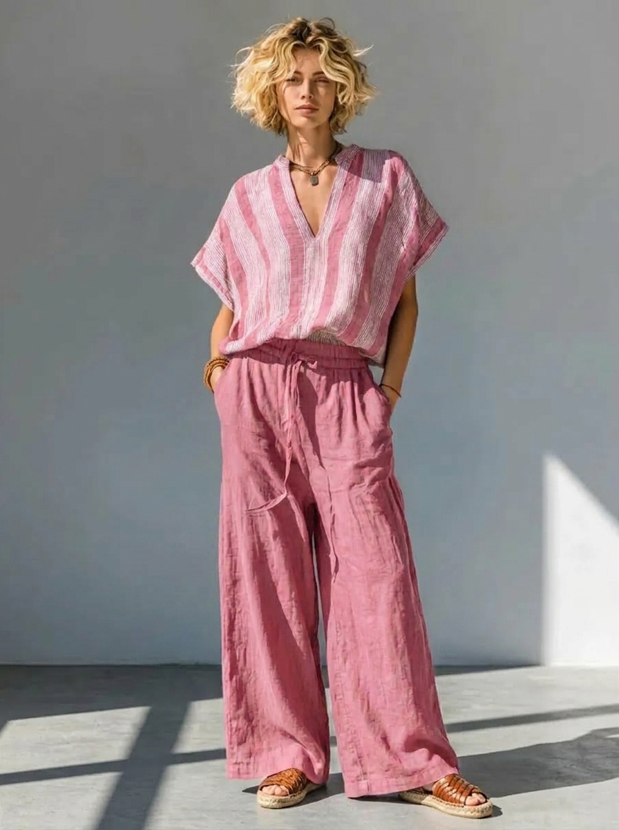Casual Striped Linen And Cotton Two-piece Top And Pants Set