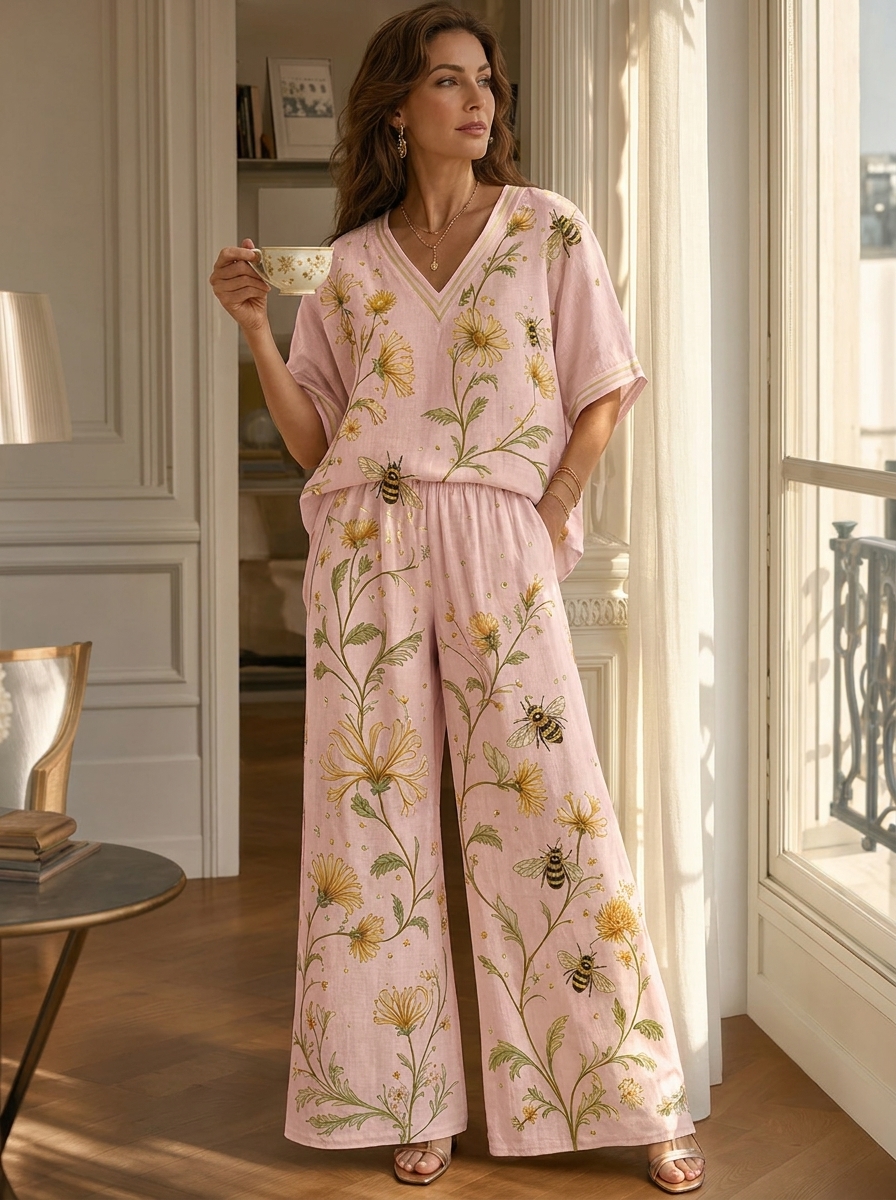 Women’s Floral Print V-Neck Top & Wide-Leg Pants Set