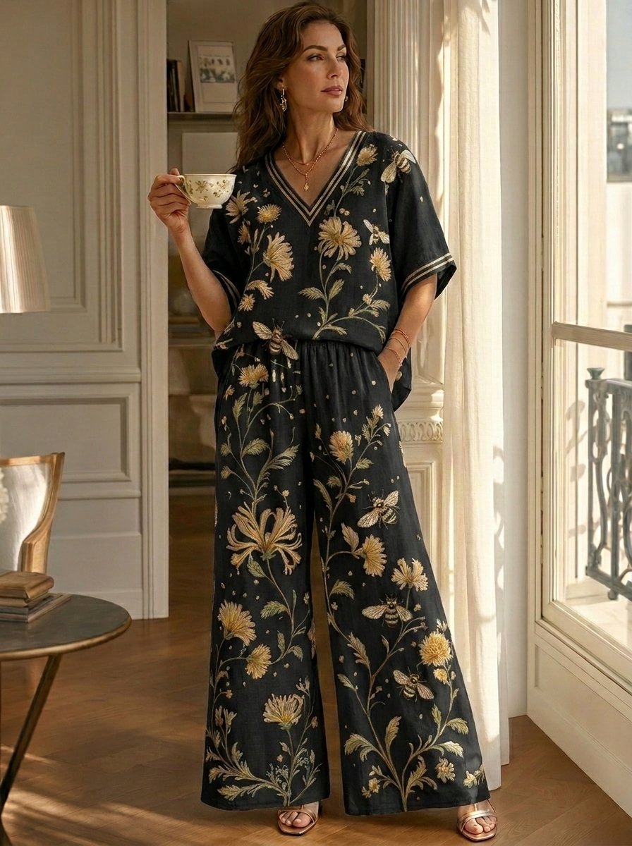 Women’s Floral Print V-Neck Top & Wide-Leg Pants Set
