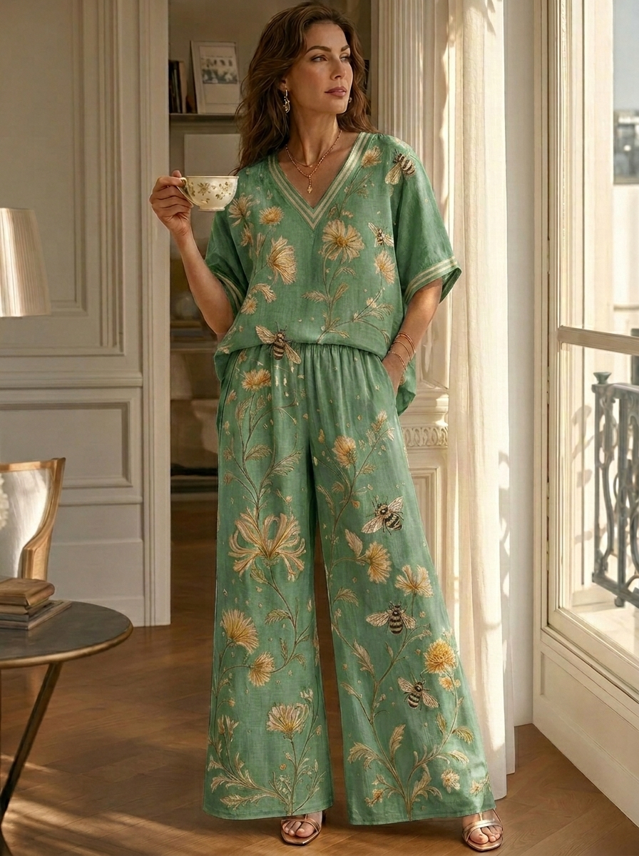 Women’s Floral Print V-Neck Top & Wide-Leg Pants Set