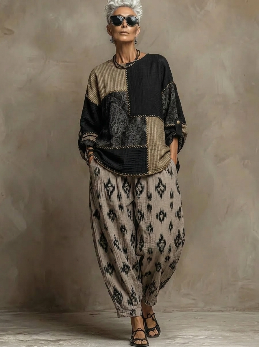 Boho Paisley-Muster Leinen- und Baumwoll-Zweiteiler: Oberteil und Hose
