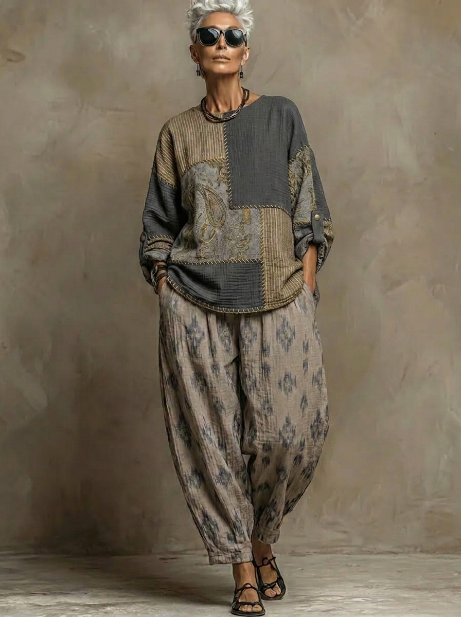 Boho Paisley-Muster Leinen- und Baumwoll-Zweiteiler: Oberteil und Hose