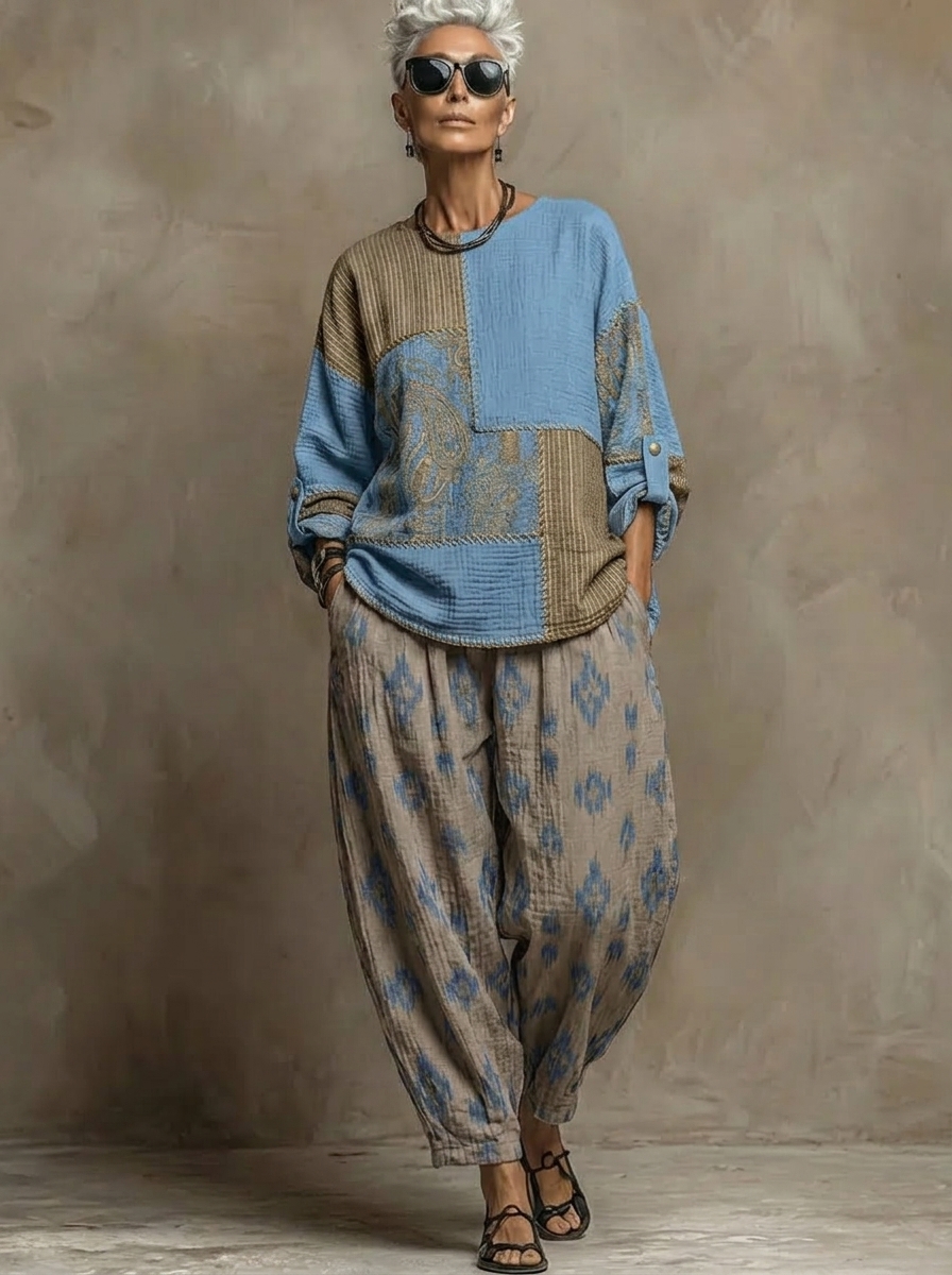 Boho Paisley-Muster Leinen- und Baumwoll-Zweiteiler: Oberteil und Hose