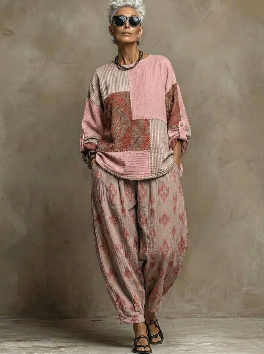 Boho Paisley-Muster Leinen- und Baumwoll-Zweiteiler: Oberteil und Hose