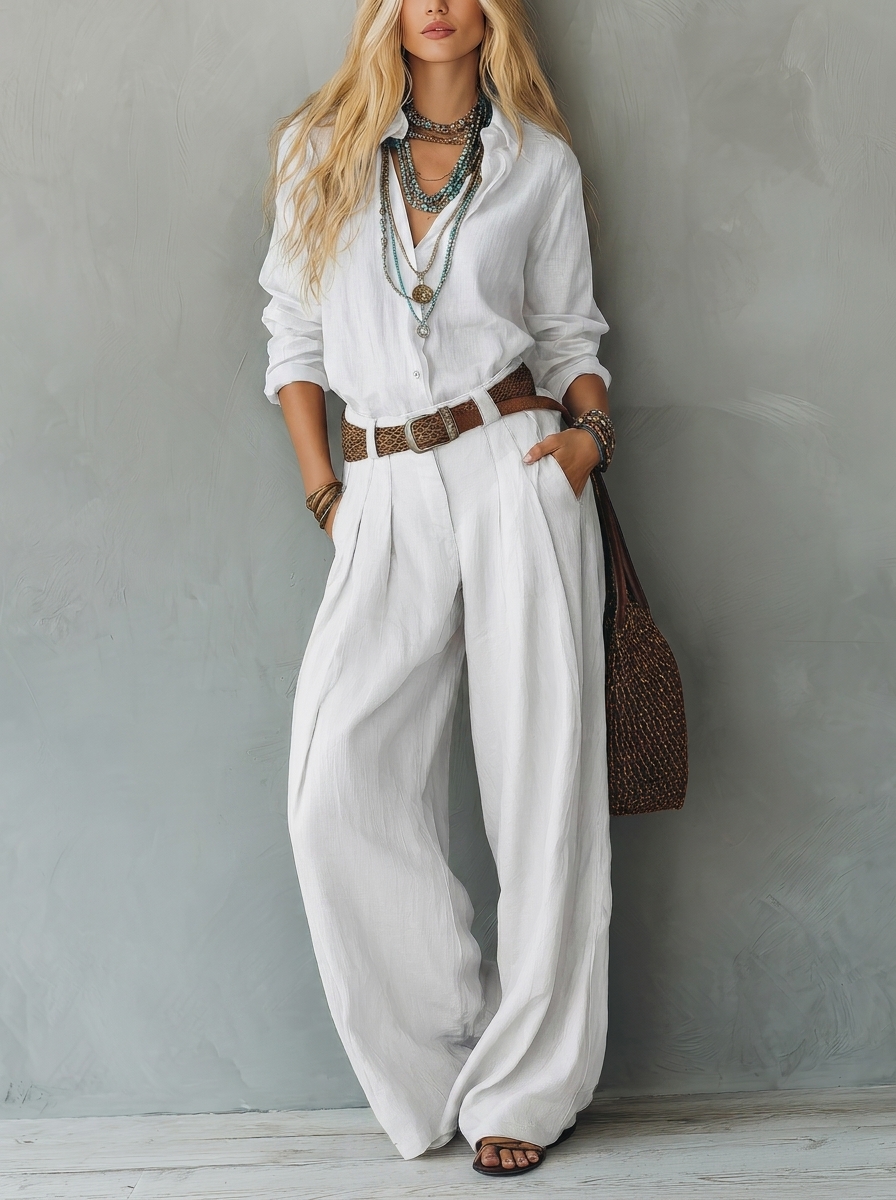Premium Zweiteiler: Relaxte Bluse & Plissierte Weite Hose