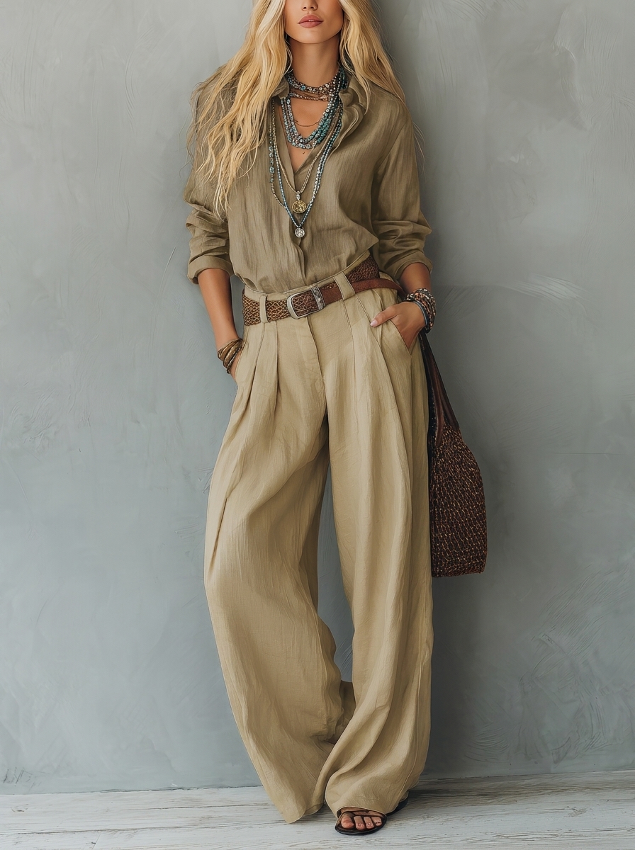 Premium Zweiteiler: Relaxte Bluse & Plissierte Weite Hose