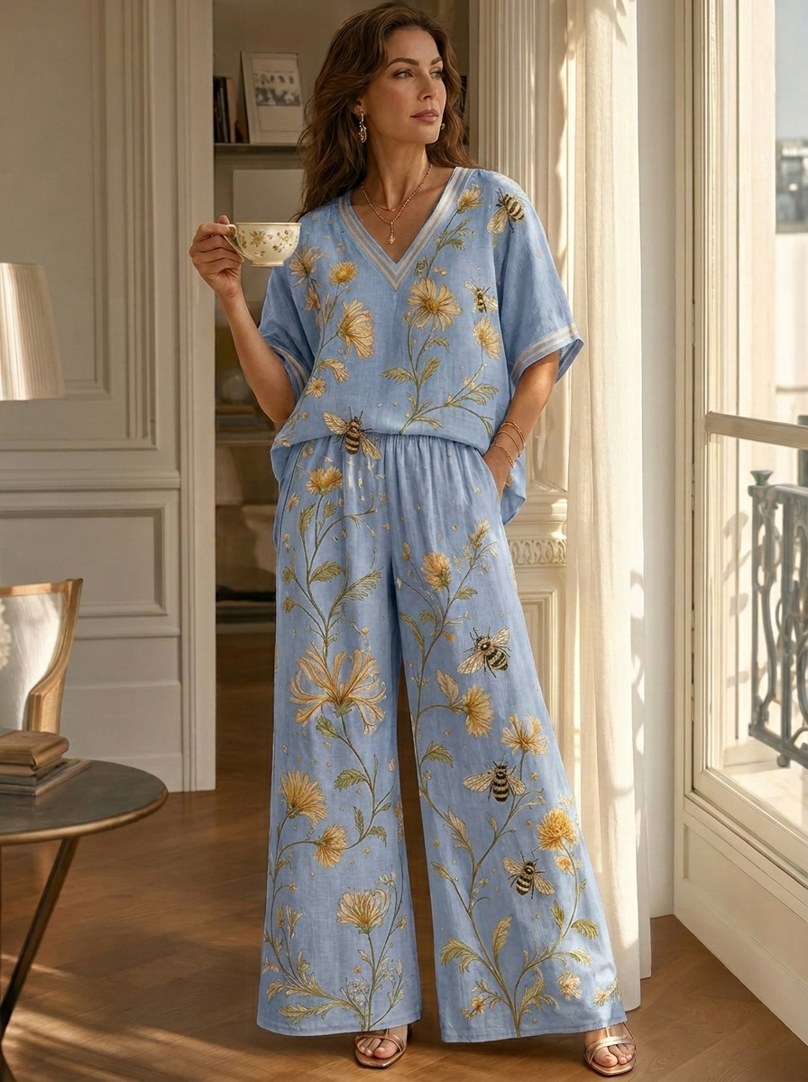 Women’s Floral Print V-Neck Top & Wide-Leg Pants Set