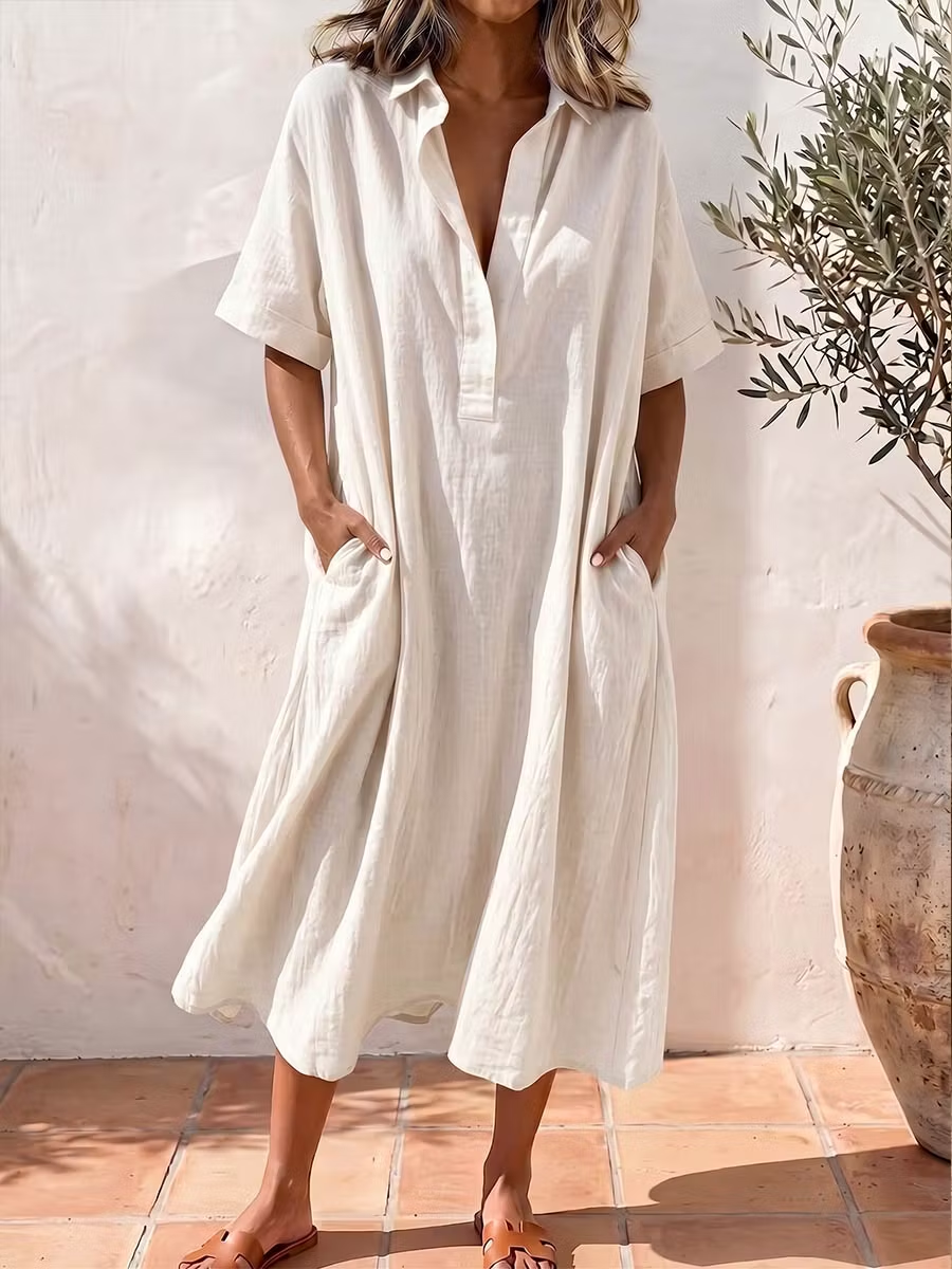 Women’s Cotton Linen V-Neck Pocket Midi Dress