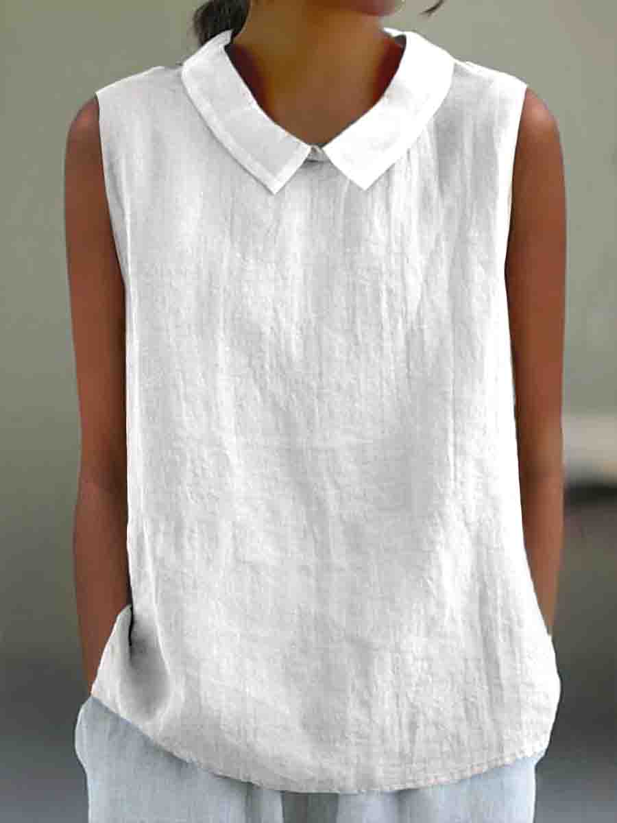 Lässiges Baumwoll-Leinen-Tanktop mit Bubikragen für Damen