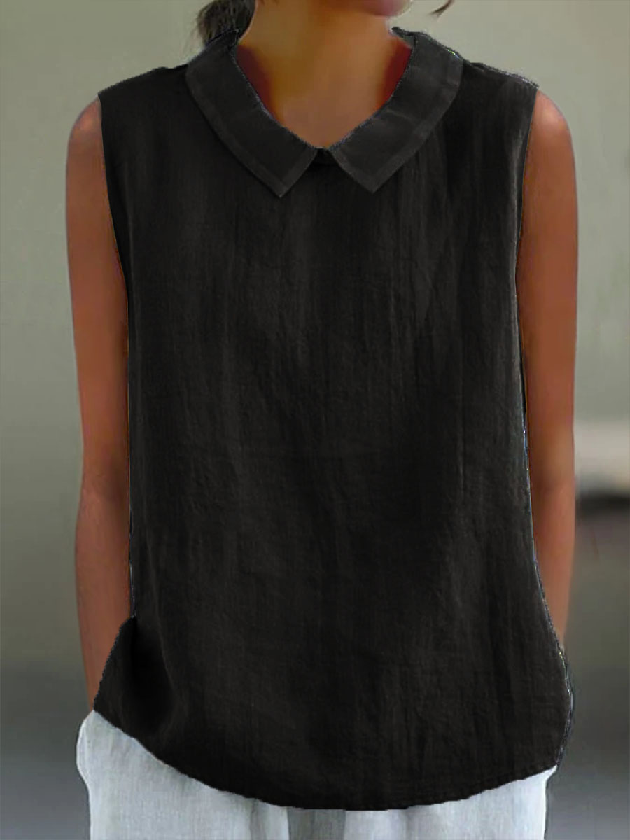 Lässiges Baumwoll-Leinen-Tanktop mit Bubikragen für Damen