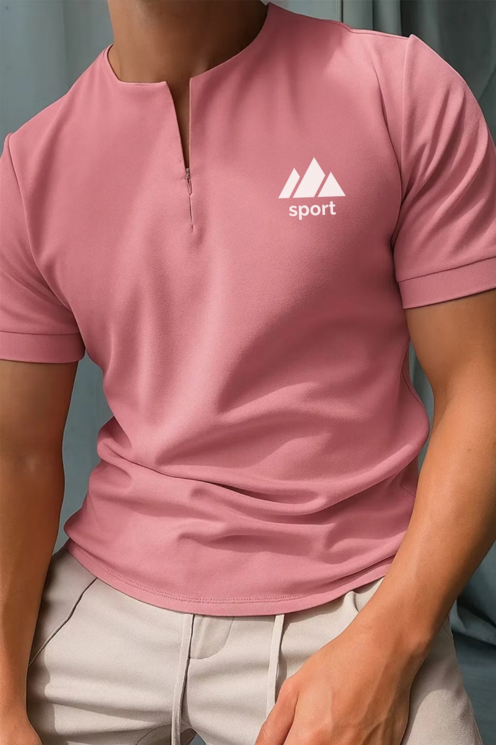 Heute 49% Rabatt 🔥 Herren-T-Shirt mit Signatur-Stickerei und Reißverschluss am Kragen