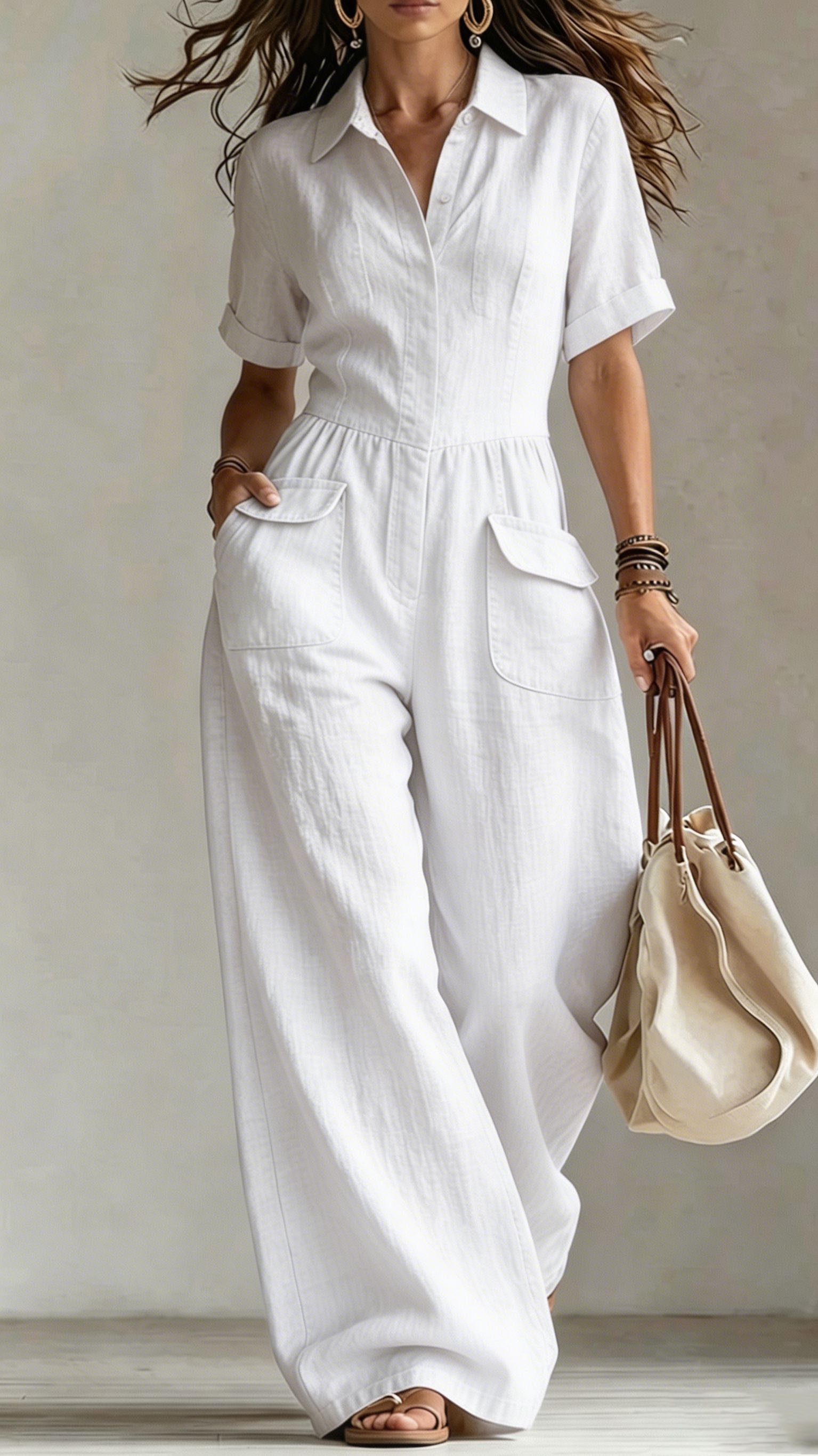 Damen Kurzarm-Jumpsuit aus Baumwoll-Leinen-Mix