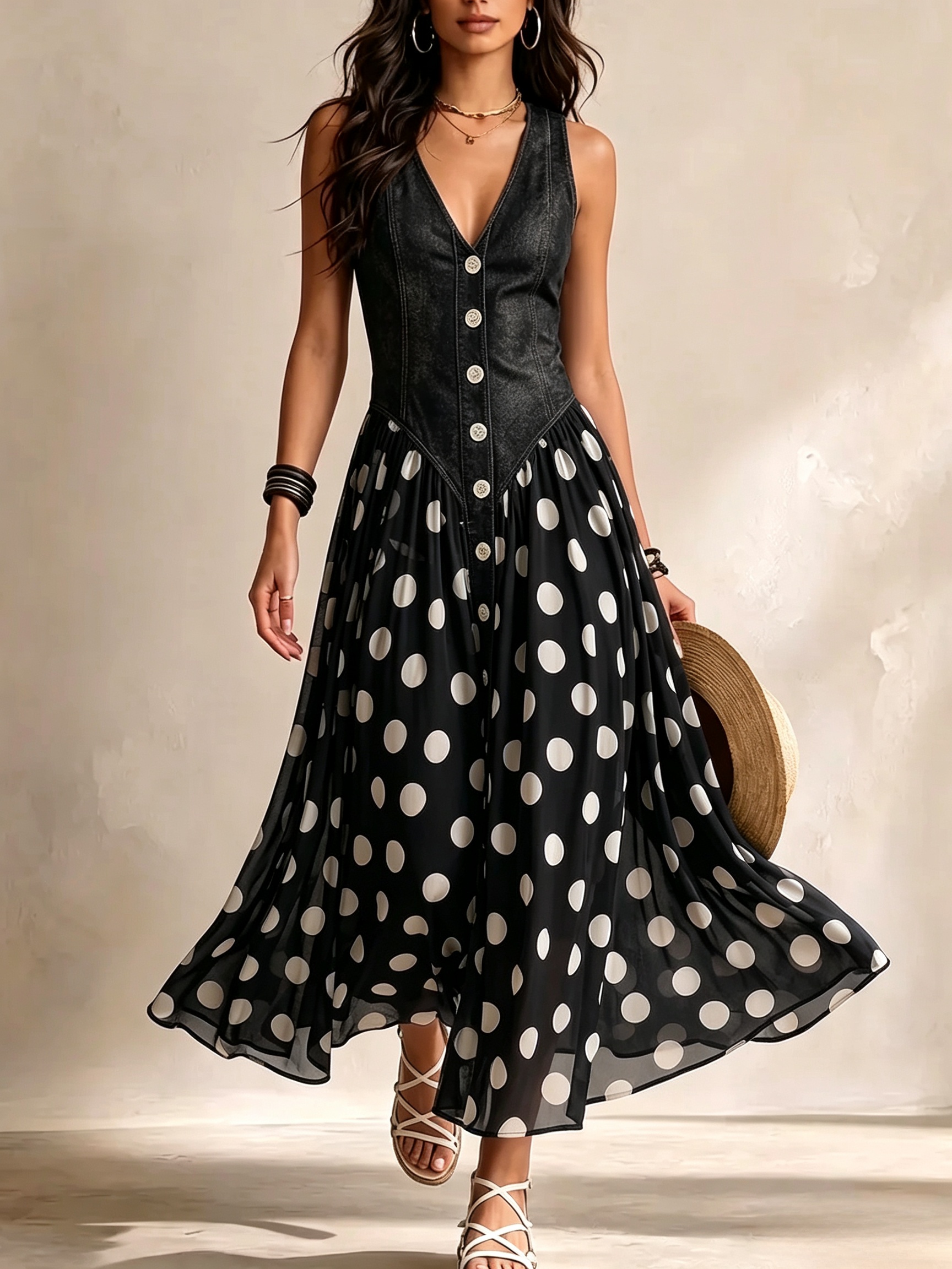 Retro-Maxikleid „Sienna“: Elegantes Denim-Optik Kleid mit Polka-Dot-Chiffonrock & Knopfleiste