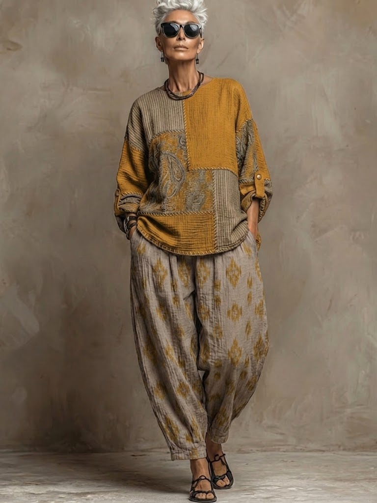 Boho Paisley-Muster Leinen- und Baumwoll-Zweiteiler: Oberteil und Hose